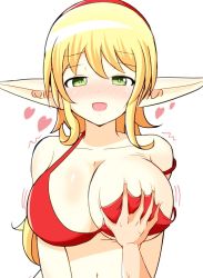 Rule 34 | 1girl, blonde hair, blush, grabbing another&#039;s breast, breasts, elf, grabbing, green eyes, heart, highres, huge breasts, open mouth, pointy ears, solo focus, suhey345