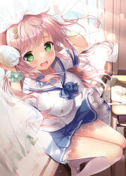 Rule 34 | 1girl, blue skirt, blush, braid, breasts, brown hair, classroom, clothes lift, commentary request, curtains, desk, floating hair, flower, green eyes, hair flower, hair ornament, hair ribbon, hairclip, highres, indoors, kneehighs, large breasts, long hair, looking at viewer, mikeou, open mouth, original, pleated skirt, ribbon, school desk, school uniform, scrunchie, serafuku, shirt, sitting, skirt, skirt lift, smile, socks, solo, teeth, upper teeth only, white shirt, white socks, wind, wind lift, windowsill, wrist scrunchie