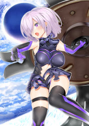 Rule 34 | 1girl, armor, armpits, bare shoulders, char, clothing cutout, cloud, day, elbow gloves, fate/grand order, fate (series), gloves, hair over one eye, highres, light purple hair, mash kyrielight, navel, navel cutout, purple eyes, shield, skirt, solo, thigh strap, thighhighs