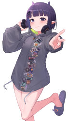 Rule 34 | 1girl, absurdres, blue eyes, blush, closed mouth, commentary, hair ornament, headphones, headphones around neck, highres, hololive, hololive english, kiwwwwwi, long sleeves, mole, mole under eye, ninomae ina&#039;nis, ninomae ina&#039;nis (loungewear), official alternate costume, pointy ears, purple hair, short hair, smile, solo, v, virtual youtuber, white background