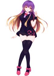 Rule 34 | 1girl, arm at side, black dress, black thighhighs, blonde hair, blush, bow, bowtie, breasts, brown hair, cosplay, dress, floating hair, full body, gradient eyes, gradient hair, hair between eyes, hand up, happy, head tilt, highres, hijiri byakuren, hip focus, houjuu nue, houjuu nue (cosplay), impossible clothes, impossible dress, looking at viewer, mary janes, medium breasts, multicolored eyes, multicolored hair, open mouth, purple hair, red bow, red bowtie, red footwear, shiny clothes, shiny skin, shoes, short dress, short sleeves, sidelocks, simple background, skindentation, smile, solo, thighhighs, tomoe (fdhs5855), touhou, white background, wristband, yellow eyes, zettai ryouiki