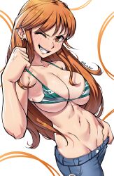 Rule 34 | 1girl, absurdres, bikini, bikini top only, blush, breasts, cleavage, collarbone, cowboy shot, denim, dracksart, earrings, from above, grin, highres, jeans, jewelry, large breasts, long hair, looking at viewer, lowleg, lowleg pants, nami (one piece), navel, one eye closed, one piece, orange eyes, orange hair, pants, simple background, smile, solo, strap pull, striped bikini, striped clothes, sweat, swimsuit, underboob, undressing, white background