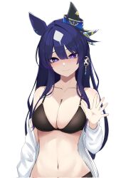 Rule 34 | 1girl, animal ears, bikini, blue hair, blush, breasts, cleavage, closed mouth, collarbone, commentary request, dark blue hair, earrings, highres, horse ears, jewelry, long hair, looking at viewer, medium breasts, mole, mole under eye, navel, open clothes, open shirt, purple eyes, satori (6g8aipuqb1xjv7w), simple background, single earring, smile, solo, swimsuit, umamusume, verxina (umamusume), waving, white background