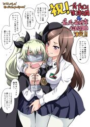 Rule 34 | 2girls, alternate costume, anchovy (girls und panzer), anzio (emblem), anzio school uniform, arm around neck, beret, black cape, black hat, black necktie, blindfold, blue skirt, blush, bound, bound wrists, brown hair, cape, commentary, cosplay, crossover, dated, dorothy (princess principal), dress shirt, drill hair, duct tape, emblem, flying sweatdrops, frown, girls und panzer, green hair, grin, hair ribbon, hand on another&#039;s crotch, hand on another&#039;s face, hat, highres, inoue yoshihisa, leaning forward, long hair, long sleeves, looking at another, miniskirt, multiple girls, necktie, open mouth, pantyhose, pepperoni (girls und panzer), pepperoni (girls und panzer) (cosplay), pleated skirt, princess principal, purple eyes, ribbon, school uniform, shirt, skirt, smile, standing, swept bangs, taichi you, translated, twin drills, twintails, twitter username, voice actor connection, white background, white pantyhose, white shirt, wing collar