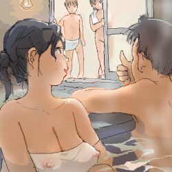 Rule 34 | 2boys, 2girls, age difference, back, bath, bathing, breasts, family, jaggy lines, large breasts, lowres, medium breasts, multiple boys, multiple girls, nipples, nude, oekaki, onsen, oonani, small breasts