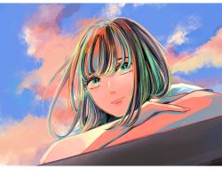 Rule 34 | 1girl, absurdres, aqua eyes, blue sky, cloud, cloudy sky, expressionless, highres, huge filesize, looking at viewer, multicolored hair, original, richard-kun, shadow, sky, solo, upper body