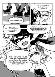 Rule 34 | + +, 2girls, ankle boots, boots, callie (splatoon), closed mouth, comic, detached collar, earrings, english text, fangs, flower, food, food on head, gomipomi, greyscale, highres, inkling, jewelry, long hair, looking at another, marie (splatoon), monochrome, multiple girls, nintendo, object on head, open mouth, pantyhose, pointy ears, short hair, smile, splatoon (series), splatoon 1, strapless, tentacle hair