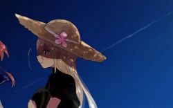 Rule 34 | 10s, 1girl, annin musou, bad id, bad twitter id, black shirt, blonde hair, blue eyes, blue sky, casual, coat, commentary request, contrail, day, flower, from side, garrison cap, hair flower, hair ornament, hat, hat flower, unworn hat, unworn headwear, holding, holding hat, kantai collection, long hair, pink flower, pink hair, profile, sailor collar, shadow, shirt, short sleeves, sky, smile, solo, straw hat, sun hat, u-511 (kancolle)
