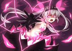 Rule 34 | 1girl, fire, flower, glowing, glowing eyes, hair between eyes, hair ribbon, long hair, looking at viewer, mary skelter, mizunashi (second run), nude, open mouth, oyayubihime (mary skelter), red eyes, ribbon, solo, white hair