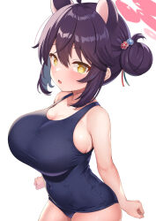 Rule 34 | 1girl, absurdres, alternate costume, animal ears, bare arms, bare shoulders, black hair, blue archive, blue one-piece swimsuit, blush, breasts, commentary request, cowboy shot, extra ears, from side, hair bun, halo, highres, impossible clothes, impossible swimsuit, kaede (blue archive), large breasts, looking at viewer, looking to the side, one-piece swimsuit, open mouth, pink halo, school swimsuit, simple background, single side bun, smile, solo, sonao, swimsuit, white background, yellow eyes