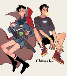 Rule 34 | 2boys, aged down, arc reactor, belt, black footwear, black hair, black shorts, blue eyes, blue shirt, blue shorts, book, boots, bracelet, brown eyes, chewing gum, cloak, closed mouth, cup, doctor strange, english text, full body, grey background, grey belt, grey footwear, grey hair, grey shirt, half-closed eyes, hands up, holding, holding cup, jewelry, kottie, long sleeves, looking at another, looking to the side, male focus, marvel, multicolored footwear, multicolored hair, multiple boys, necklace, open book, puffy long sleeves, puffy sleeves, red cloak, red footwear, shirt, shoes, short hair, short sleeves, shorts, simple background, sitting, sneakers, socks, spread legs, t-shirt, tony stark, two-tone hair, white socks, yellow footwear