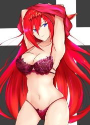 Rule 34 | 1girl, arms up, bad id, bad pixiv id, bra, breasts, cleavage, collarbone, commentary request, cowboy shot, godsworn alexiel, granblue fantasy, hair between eyes, hair ornament, head tilt, large breasts, light smile, long hair, looking at viewer, magaasha, navel, panties, purple bra, purple eyes, purple panties, red hair, unworn shirt, solo, thigh gap, underwear, undressing, very long hair