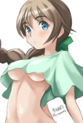 Rule 34 | 1girl, artist name, bad id, bad twitter id, blue eyes, blush, bow, braid, breasts, brown hair, commentary request, crop top, green bow, green shirt, hair bow, haruhata mutsuki, long hair, looking at viewer, lynette bishop, medium breasts, no bra, parted lips, shirt, short sleeves, signature, simple background, single braid, solo, standing, strike witches, twitter username, underboob, upper body, white background, world witches series