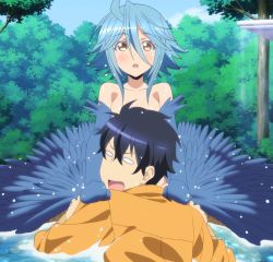 Rule 34 | 10s, 1boy, 1girl, blue hair, blush, feathers, harpy, highres, monster girl, monster musume no iru nichijou, open mouth, papi (monster musume), screencap, short hair, stitched, tagme, third-party edit, wings, yellow eyes