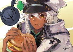 Rule 34 | 1girl, 2021, blonde hair, burger, cheese, clover, clover hair ornament, crumbs, dark-skinned female, dark skin, eating, food, food on face, four-leaf clover, guilty gear, guilty gear strive, hair ornament, hat, jacket, lettuce, ramlethal valentine, solo, tomato, upper body, white hair, yellow background, yellow eyes, yora