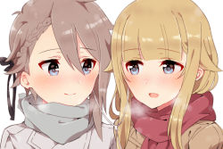 Rule 34 | 2girls, :d, ange (princess principal), bad id, bad pixiv id, black ribbon, blonde hair, blue eyes, blush, braid, breath, brown coat, closed mouth, coat, contemporary, earbuds, earphones, enpera, eye contact, grey coat, grey scarf, hair between eyes, hair flaps, hair ribbon, highres, light brown hair, long hair, looking at another, multiple girls, open mouth, princess (princess principal), princess principal, red scarf, ribbon, scarf, shared earphones, simple background, smile, sorimachi-doufu, white background