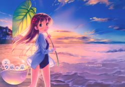Rule 34 | 1girl, absurdres, bad anatomy, beach, blue eyes, blush, brown hair, carrying, city, cloud, highres, hood, hoodie, leaf, long hair, looking at viewer, ocean, one-piece swimsuit, open clothes, open hoodie, open mouth, original, outdoors, sand, scan, scenery, school swimsuit, sky, smile, solo, sunlight, sunset, swimsuit, swimsuit under clothes, takoyaki (roast), water