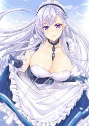Rule 34 | 1girl, absurdres, apron, azur lane, belfast (azur lane), bird, blue eyes, blue sky, blush, braid, breasts, broken, broken chain, chain, cleavage, cloud, collar, collarbone, day, dress, french braid, frilled apron, frilled gloves, frills, gloves, gu li, highres, huge breasts, large breasts, lifting own clothes, lips, long hair, looking at viewer, maid, maid apron, maid headdress, seagull, silver hair, sky, smile, solo, teeth, white apron, white gloves