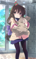 Rule 34 | 1girl, black pantyhose, blue skirt, brown eyes, brown hair, clannad, closed mouth, getabako, hat, holding, holding star, ibuki fuuko, indoors, ixy, long hair, long sleeves, looking at viewer, pantyhose, party hat, pleated skirt, school uniform, skirt, smile, solo, standing, star (symbol)