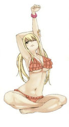 Rule 34 | 1girl, arm grab, armpits, arms up, barefoot, bikini, black eyes, blonde hair, breasts, brown eyes, cleavage, fairy tail, frilled bikini, frills, full body, indian style, large breasts, long hair, lucy heartfilia, mashima hiro, navel, official art, one eye closed, red bikini, scrunchie, simple background, sitting, solo, swimsuit, twintails, underboob, white background, wrist scrunchie