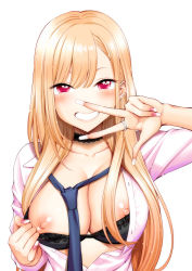Rule 34 | 1girl, barbell piercing, black bra, black choker, blonde hair, blue necktie, blush, bra, breasts, breasts out, choker, cleavage, collarbone, collared shirt, dress shirt, ear piercing, earrings, grin, gyaru, highres, jewelry, kitagawa marin, lace, lace-trimmed bra, lace choker, lace trim, large breasts, long hair, looking at viewer, multicolored hair, nail polish, necklace, necktie, nipples, open clothes, open shirt, piercing, pink nails, pink shirt, red eyes, ring, shirt, simple background, smile, solo, sono bisque doll wa koi wo suru, streaked hair, swept bangs, underwear, upper body, very long hair, w over eye, white background, yahiro pochi
