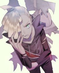 Rule 34 | 1boy, asymmetrical hair, bad id, bad pixiv id, black pants, blonde hair, chimera, creatures (company), earrings, fingernails, from above, frown, game freak, gen 7 pokemon, gladion (pokemon), green background, green eyes, hair over one eye, hand over face, hood, hood down, hoodie, jewelry, legendary pokemon, long sleeves, looking at viewer, male focus, nintendo, pants, pokemon, pokemon (creature), pokemon sm, short hair, simple background, standing, teeth, torn clothes, torn sleeves, type: null, wadani hitonori