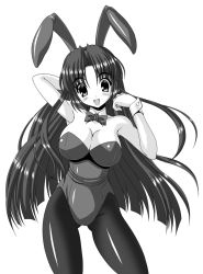 animal_ears asakura_ryouko blush bow bowtie breasts cleavage fake_animal_ears greyscale large_breasts leotard long_hair monochrome noritama_(gozen) pantyhose playboy_bunny rabbit_ears smile solo suzumiya_haruhi_no_yuuutsu wrist_cuffs