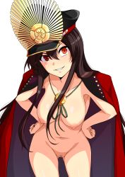 Rule 34 | 1girl, absurdres, black hair, breasts, cape, censored, cowboy shot, fate/grand order, fate (series), female pubic hair, grin, hands on own hips, haruhisky, hat, highres, leaning forward, long hair, looking at viewer, medium breasts, mosaic censoring, naked cape, navel, nipples, oda nobunaga (fate), oda nobunaga (koha-ace), oda nobunaga (swimsuit berserker) (fate), oda nobunaga (swimsuit berserker) (second ascension) (fate), parted lips, patreon, peaked cap, pubic hair, pussy, red eyes, shiny skin, simple background, smile, solo, white background