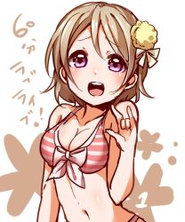 Rule 34 | 10s, 1girl, bad id, bad pixiv id, bikini, blush, breasts, brown hair, hotechige, koizumi hanayo, looking at viewer, love live!, love live! school idol festival, love live! school idol project, medium breasts, open mouth, purple eyes, short hair, simple background, solo, striped bikini, striped clothes, swimsuit, white background