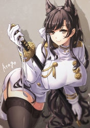 Rule 34 | 1girl, animal ears, atago (azur lane), azur lane, black hair, black thighhighs, breasts, brown eyes, character name, commentary, garter straps, gloves, high heels, highres, holding, katana, large breasts, long hair, looking at viewer, military, military uniform, miniskirt, mole, mole under eye, shadow, simple background, skirt, smile, solo, sword, thighhighs, uniform, weapon, white gloves, zettai ryouiki
