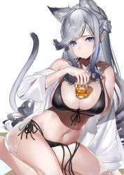Rule 34 | 1girl, animal ear fluff, animal ears, bare legs, bare shoulders, bikini, black bikini, blue eyes, blue hair, blue nails, braid, breasts, cat ears, cat girl, cat tail, cleavage, closed mouth, cup, drinking glass, front-tie bikini top, front-tie top, halterneck, hand up, highres, holding, holding cup, large breasts, long hair, long sleeves, looking at viewer, lumium, multicolored hair, nail polish, navel, off shoulder, open clothes, open shirt, original, shirt, side-tie bikini bottom, silver hair, sitting, smile, solo, stomach, streaked hair, string bikini, swimsuit, tail, tail raised, very long hair, white shirt
