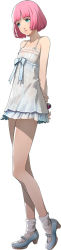 Rule 34 | 1boy, arms behind back, atlus, bow, bracelet, catherine: full body, catherine (game), crossdressing, full body, green eyes, high heels, jewelry, looking at viewer, male focus, mary janes, nightgown, official art, petite, pink hair, rin (catherine), shoes, simple background, smile, socks, soejima shigenori, solo, trap, white background, white socks