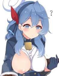 Rule 34 | 1girl, ?, ako (blue archive), bell, blue archive, blue eyes, blue hair, blush, breast slip, breasts, collar, commentary request, cowbell, earrings, gloves, hair between eyes, headband, jewelry, k-y, large breasts, looking at viewer, one breast out, simple background, solo, white background