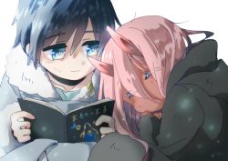 Rule 34 | 10s, 1boy, 1girl, black cloak, black hair, blue eyes, book, cloak, coat, colored skin, couple, darling in the franxx, closed eyes, fringe trim, fur trim, grey coat, haanakko, hetero, hiro (darling in the franxx), holding, holding book, hood, hooded cloak, horns, long hair, looking at another, oni horns, open book, parka, pink hair, red horns, red skin, short hair, sleeping, sleeping on person, transparent background, winter clothes, winter coat, aged down, zero two (darling in the franxx)