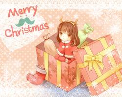 Rule 34 | 1girl, antlers, bad id, bad pixiv id, box, brown eyes, brown hair, capelet, christmas stocking, fake horns, gift, gift box, horns, letta, looking at viewer, merry christmas, mittens, original, polka dot, polka dot background, red mittens, reindeer antlers, sack, solo