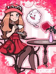 Rule 34 | 1girl, black footwear, black shirt, blonde hair, chair, collared shirt, creatures (company), cup, eyewear on head, flower, flower pot, game freak, gen 6 pokemon, grey eyes, heart, highres, holding, holding cup, looking at viewer, luciacacti, mega ring, nintendo, one eye closed, pleated skirt, pokemon, pokemon (creature), pokemon xy, red headwear, red skirt, rose, serena (pokemon), shirt, sitting, skirt, sleeveless, sleeveless shirt, smile, sunglasses, swirlix, table, teacup, thighhighs, tongue, tongue out, watermark
