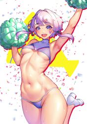 Rule 34 | 1girl, absurdres, arm up, armpits, blush, breasts, cheering, cheerleader, hair ornament, hairclip, highres, holding, holding pom poms, looking at viewer, navel, nicchi, open mouth, pom pom (cheerleading), pom poms, purple eyes, purple hair, short hair with long locks, small breasts, smile, solo, sweat, voiceroid, yuzuki yukari