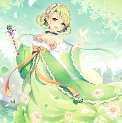 Rule 34 | 1girl, :d, absurdres, bare shoulders, blush, breasts, bug, butterfly, cleavage, collarbone, detached sleeves, dress, dutch angle, flower, gem, glowing, green eyes, green hair, green ribbon, hair between eyes, head wreath, highres, holding, holding wand, bug, matching hair/eyes, neck ribbon, open mouth, original, ribbon, short hair, smile, solo, sparkle, wand, wasabi (sekai), wide sleeves