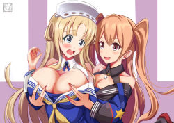 Rule 34 | 2girls, black gloves, blonde hair, blue eyes, blue shirt, grabbing another&#039;s breast, breasts, brown eyes, cleavage, commentary request, double bun, fletcher (kancolle), gloves, grabbing, hair bun, hairband, johnston (kancolle), kantai collection, large breasts, light brown hair, long hair, medium breasts, multiple girls, neckerchief, off shoulder, open mouth, roku (roku28), sailor collar, school uniform, serafuku, shirt, single glove, two-tone background, two side up, united states medal of honor, white gloves, white sailor collar, yellow neckerchief