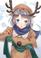Rule 34 | 1girl, animal hood, antlers, black scarf, brown coat, coat, cowboy shot, gradient background, green scarf, grey eyes, grey hair, holding, holding clothes, holding scarf, hood, horns, kaiboukan no. 30 (kancolle), kantai collection, looking at viewer, mayura (lucadia), official alternate costume, reindeer antlers, scarf, short hair, snowflakes, solo, unworn scarf, white background
