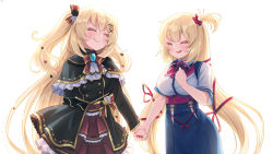Rule 34 | 2girls, akai haato, akai haato (1st costume), akai haato (gothic lolita), black capelet, black dress, blonde hair, blue skirt, blush, bow, bowtie, breasts, capelet, closed eyes, commentary request, dress, dual persona, facing another, fingernails, frilled capelet, frilled skirt, frills, grin, hair ornament, hair ribbon, hairpin, hand up, heart, heart hair ornament, highres, holding hands, hololive, large breasts, layered skirt, lolita fashion, long hair, long sleeves, magowasabi, multiple girls, nail polish, neck ribbon, one side up, open mouth, red nails, red ribbon, red skirt, ribbon, shirt, skirt, smile, standing, two side up, very long hair, virtual youtuber, white shirt, x hair ornament