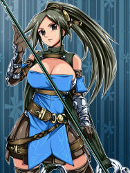 Rule 34 | 1girl, atlus, belt, black hair, breasts, cleavage, gloves, kumataka, large breasts, polearm, ponytail, radiant historia, raynie, solo, spear, thighhighs, weapon