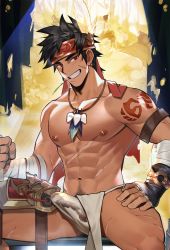 Rule 34 | 1boy, abs, bandaged arm, bandages, bara, blush, bodypaint, bulge, dark-skinned male, dark skin, erection, erection under clothes, facial scar, feather hair ornament, feather necklace, feathers, gan ning, grin, hair ornament, headband, highres, large pectorals, male focus, male underwear, mature male, muscular, muscular male, navel, navel hair, nipples, paid reward available, pectorals, penis, paid reward available, scar, scar on cheek, scar on chest, scar on face, see-through, shin sangoku musou, short hair, sideburns, smile, solo, stomach, thick thighs, thighs, underwear, wet, wet clothes, wet male underwear, yaowu