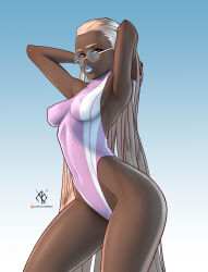 Rule 34 | 1girl, armpits, arms behind head, arms up, arteslav, artist name, athma (arteslav), blonde hair, breasts, brown eyes, closed mouth, commentary, covered erect nipples, covered navel, dark-skinned female, dark skin, glasses, gradient background, highleg, highleg swimsuit, highres, light smile, lips, long hair, looking at viewer, makeup, medium breasts, one-piece swimsuit, original, signature, simple background, smile, solo, swimsuit, thighs, very dark skin, very long hair