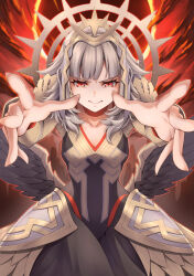 Rule 34 | 1girl, armor, black armor, closed mouth, crown, dress, fire emblem, fire emblem heroes, foreshortening, grey hair, hair ornament, long sleeves, looking at viewer, nintendo, official alternate costume, official alternate hair length, official alternate hairstyle, outstretched arm, outstretched arms, outstretched hand, reaching, reaching towards viewer, red eyes, scale armor, short hair, solo, ten (tenchan man), veronica (fire emblem)