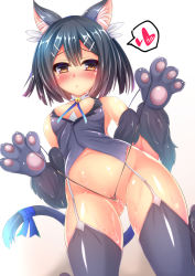 Rule 34 | 1girl, :o, animal ears, animal hands, bare shoulders, bell, black hair, blush, breasts, cat ears, cat girl, cat tail, cleft of venus, collar, dangeroes beast (miyu), fate/kaleid liner prisma illya, fate (series), female focus, from below, fur trim, gluteal fold, hair between eyes, heart, highres, looking down, miyu edelfelt, navel, neck bell, panties, panty pull, pussy, pussy juice, pussy peek, shiny clothes, shiny skin, simple background, solo, standing, sweat, tail, tamano nae, thighhighs, underwear