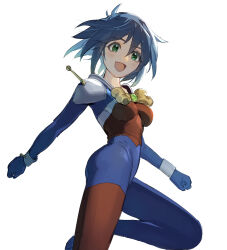 Rule 34 | 1girl, :d, absurdres, allenby beardsley, blue bodysuit, blue hair, bodysuit, bow, breasts, g gundam, gloves, green eyes, gundam, highres, looking at viewer, medium breasts, mobile trace suit, multicolored bodysuit, multicolored clothes, open mouth, red bodysuit, short hair, skin tight, smile, solo, tanakalma