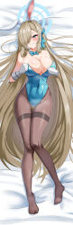 Rule 34 | 1girl, absurdres, animal ears, aqua bow, aqua bowtie, aqua leotard, asuna (blue archive), blue archive, blue eyes, blue ribbon, bow, bowtie, breasts, brown pantyhose, cleavage, covered navel, dakimakura (medium), detached collar, full body, hair over one eye, halo, highres, large breasts, leotard, light brown hair, looking at viewer, lying, pantyhose, playboy bunny, rabbit ears, ribbon, sekkno, solo, thighband pantyhose, wrist cuffs