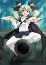 Rule 34 | 1girl, anchovy (girls und panzer), anzio school uniform, blush, breasts, cameltoe, cape, collarbone, drill hair, food, fork, girls und panzer, green hair, hair ornament, hair ribbon, kaname aomame, large breasts, looking at viewer, microskirt, military, military vehicle, motor vehicle, necktie, open mouth, outdoors, pantyhose, pasta, red eyes, ribbon, school uniform, sitting, skirt, smile, solo, tank, twin drills, twintails, white pantyhose
