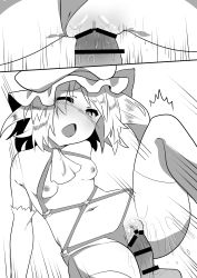 Rule 34 | 1boy, 1girl, ascot, bad id, bad pixiv id, bar censor, bare shoulders, blush, breasts, censored, flandre scarlet, greyscale, hat, hetero, highres, kz oji, mob cap, monochrome, navel, nipples, nose blush, one eye closed, open mouth, penis, pussy, sex, side ponytail, slit pupils, small breasts, thighhighs, touhou, vaginal